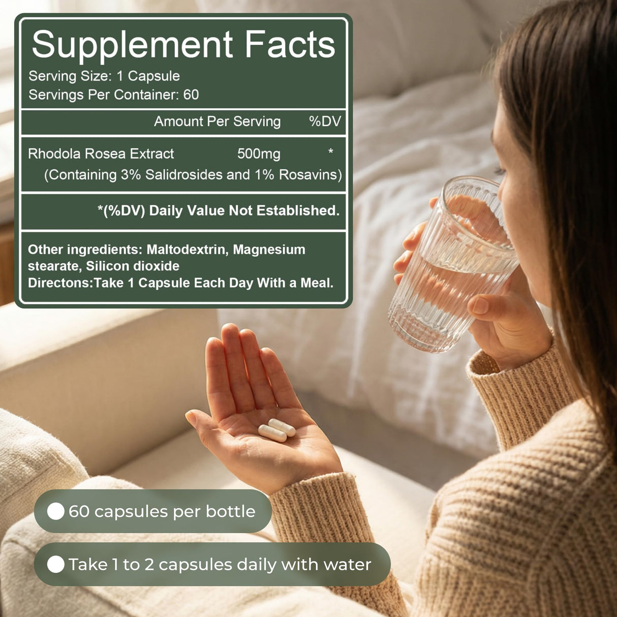 Salvora Rhodiola Rosea Supplement – Golden Root Adaptogen Capsules - Rhodiola Rosea Extract Powder Alternative with Salidroside for Stress Support - Energy, Focus & Performance