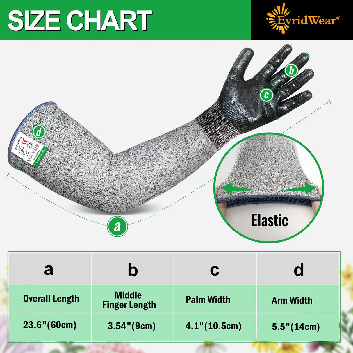 Evridwear Long Gardening Gloves for Women & Men, ANSI A4 Cut Resistant Sleeves with Nitrile Grip Palm, Machine Washable Forearm Protection for Rose Pruning, Cactus Spines & Bramble