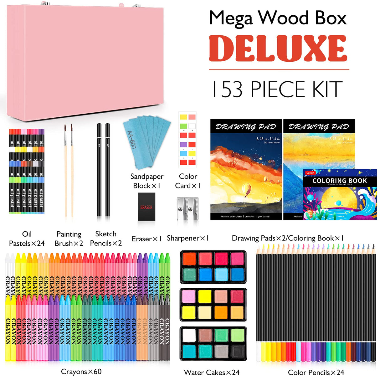 Caliart Art Supplies, 153-Pack Deluxe Art Set in Wooden Case, Crafts Drawing Painting Kits with 2 A4 Sketch Pads, Coloring Book, Stocking Stuffers Christmas Gifts for Teens Girls Kids Artists