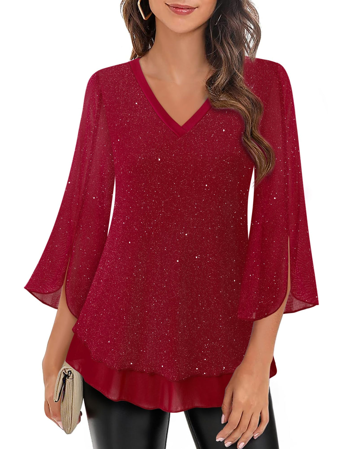 Timeson Womens Christmas Tops: Sparkly 3/4 Sleeve Night Out - Womens Blouses Dressy Casual - Fashion Fall Shirts Red Tunics Holiday Clothes Plus Size Date Outfits Fancy Festive Attire Loose Fit XL