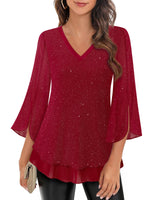 Timeson Womens Christmas Tops: Sparkly 3/4 Sleeve Night Out - Womens Blouses Dressy Casual - Fashion Fall Shirts Red Tunics Holiday Clothes Plus Size Date Outfits Fancy Festive Attire Loose Fit XL