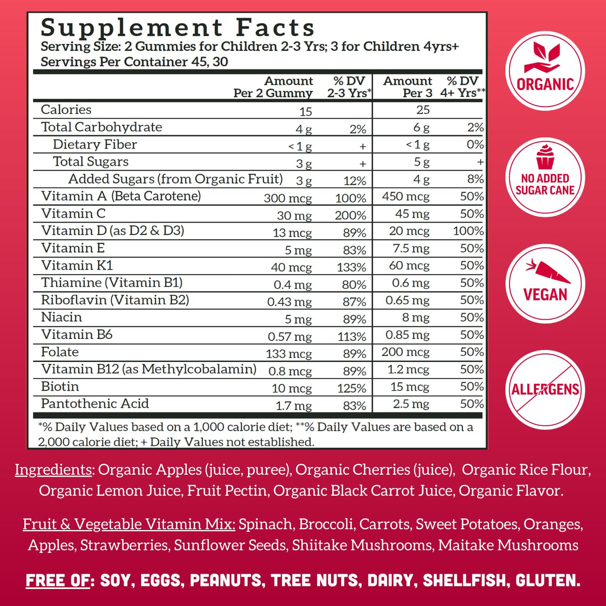 Llama Naturals Kids Multivitamin Gummies, Vegan, Organic with Vitamin D, C & K, Toddler Real Fruit Gummy Vitamins, Chewable Supplement, Whole Food Multivitamin, No Added Sugar Cane, Cherry, 90 Ct
