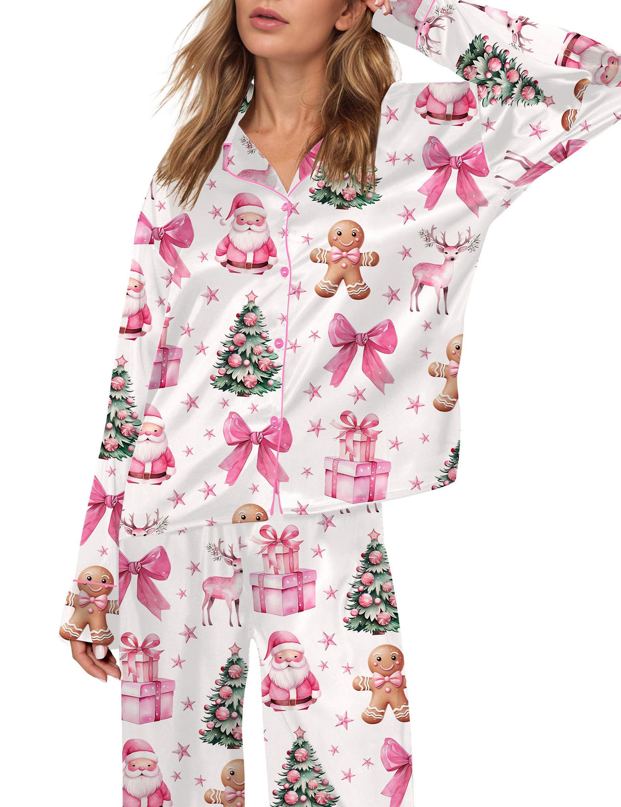 SHESHOW Satin Christmas Pajamas for Women Long Sleeve Winter Pjs Cute Bow Christmas Pajamas Sets L