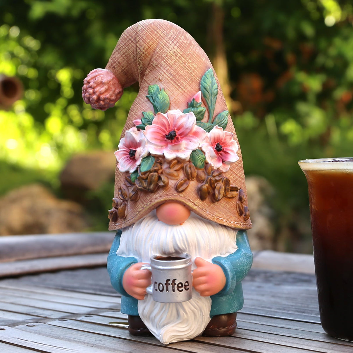 Roundot Coffee Gnome Playful and Fun Outdoor Decoration 6.5",Suitable for Garden, Balcony, Lawn Decoration, and Home Decoration, Fairy Garden.Garden Table Decor