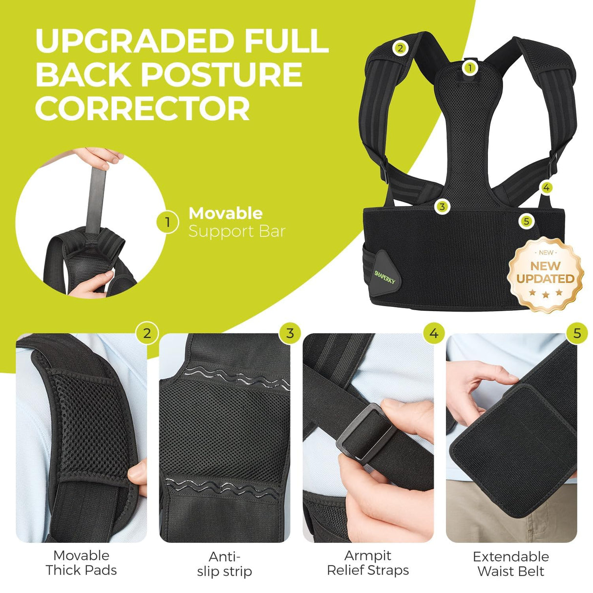 SHAPERKY Posture Corrector for Back Support: Relief Shoulder Lumbar Upper Lower Pain for Hunchback Scoliosis - Adjustable Back Brace for Women & Men (Small/M)