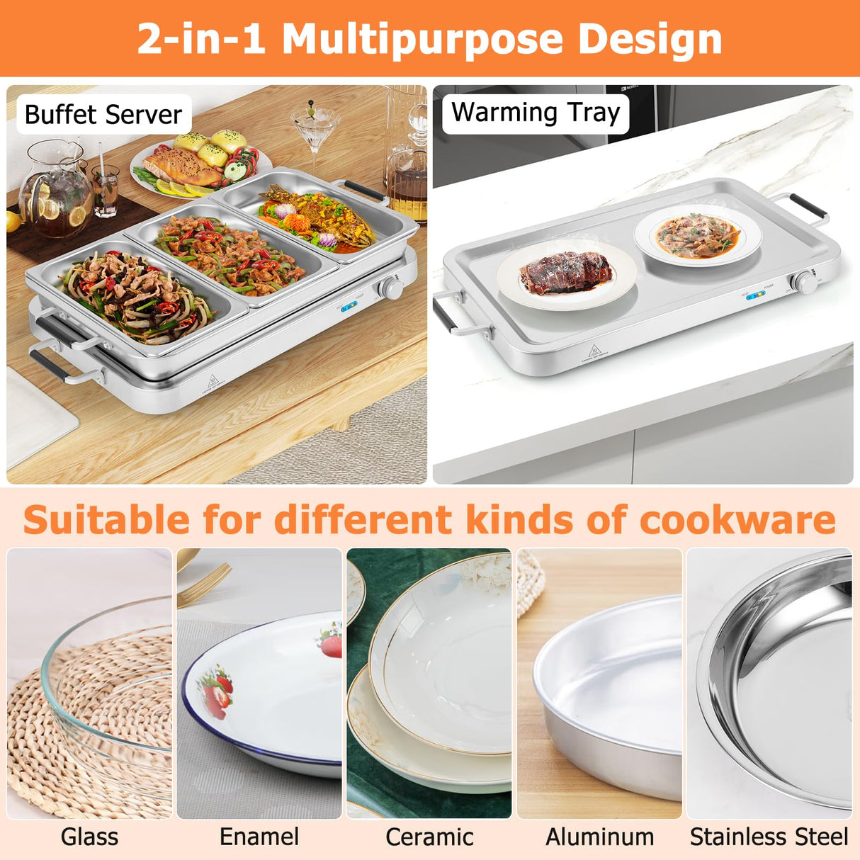 Giantex Buffet Server & Electric Food Warmer, 2-in-1 Food Warming Tray, Adjustable Temperature, 3 Food Pans with Lids, Dishwasher Safe, 8 QT Stainless Steel Chafing Dishes for Parties Holiday Events