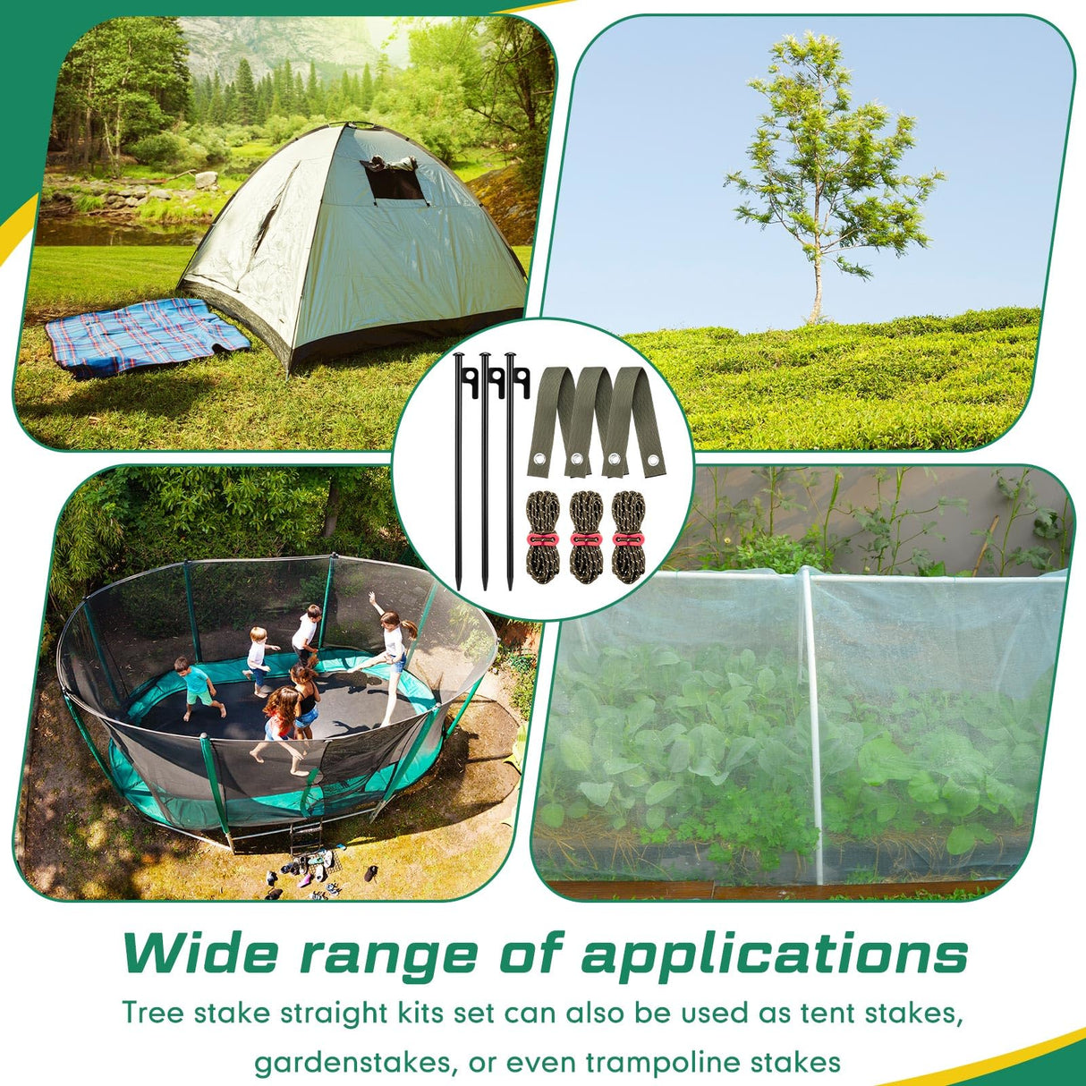 Sintuff 36 Pcs Heavy Duty Tree Stake Kits Stake and Support for Young Leaning Tree Anchor Straightening Kit, 15.8'' Support Straps, 11.8'' Steel Stakes, 13.12ft Rope Against Bad Weather(Army Green)