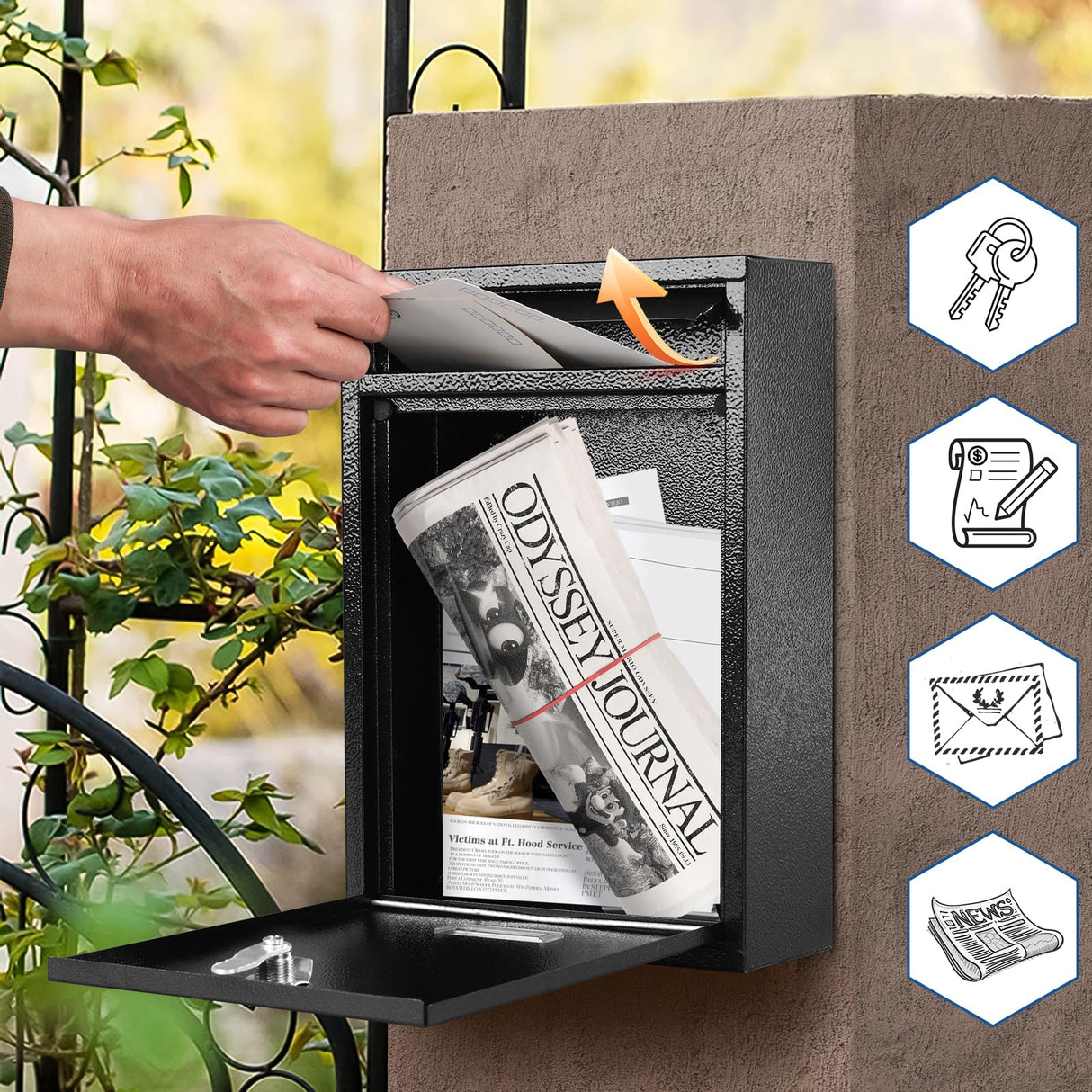 KYODOLED Mailbox for Outside, Wall Mount Locking Mailbox, Security Drop Box with Key Lock for Letters, Cash, Cards, Steel Mail Box for House Office School, 12.4H x 8.54L x 3.35W Inches, Black