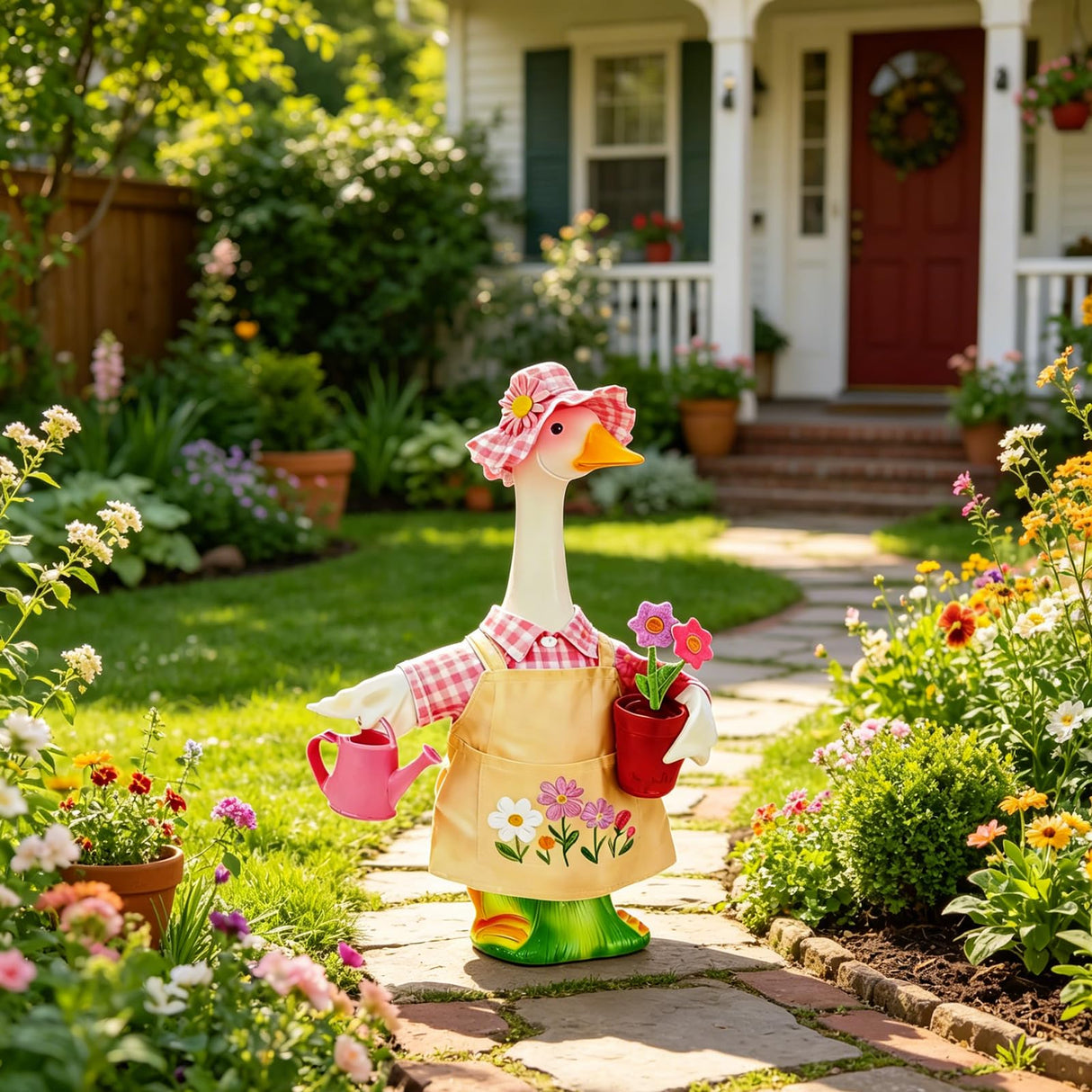 Jwqqwdza Gardener Porch Goose Outfit, 23 Inch Goose Clothes with Hat, Watering Can & Flower Pot, Lawn Geese Statue Costume for Spring Summer Garden Yard Decor (Pink Yellow, One Size)