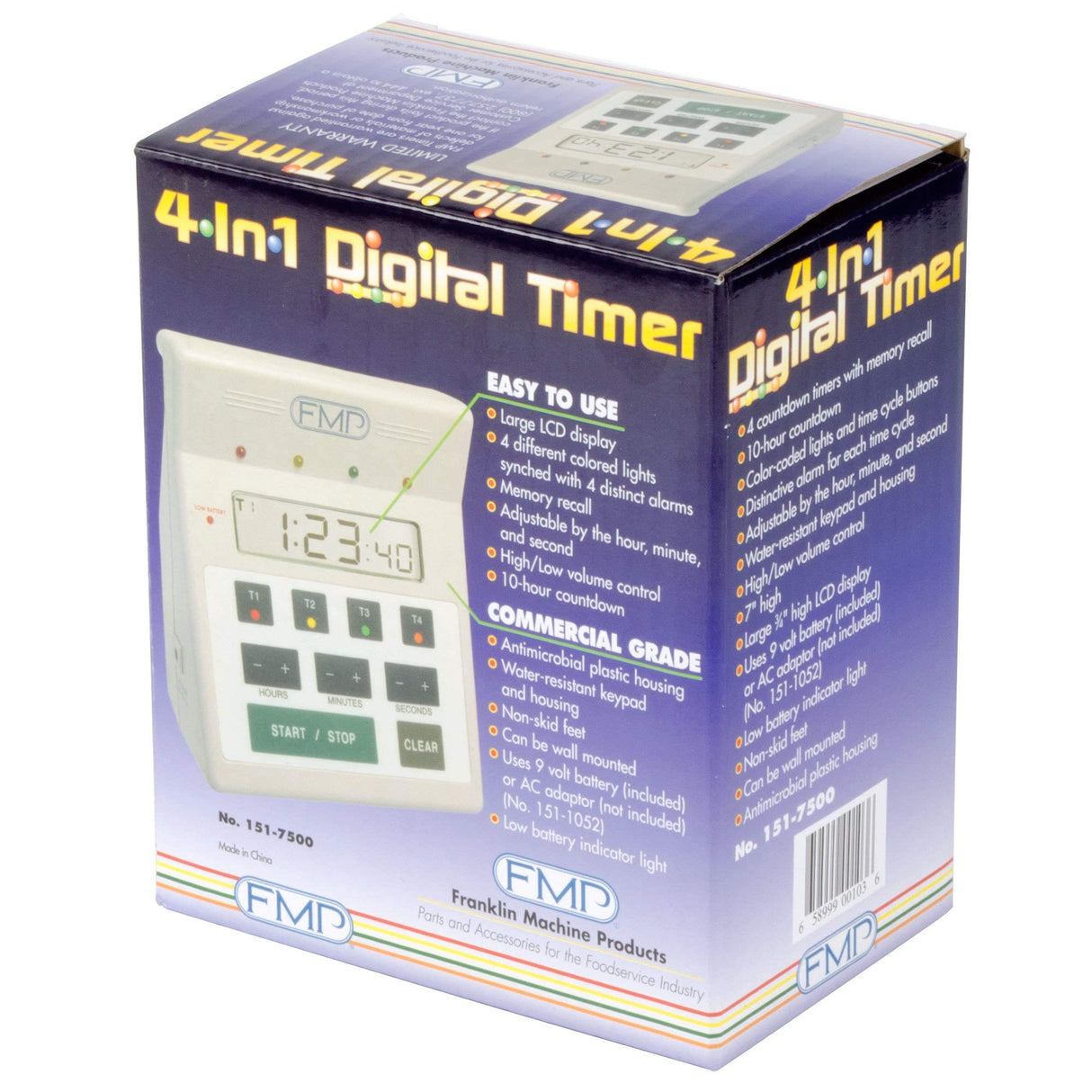 FMP Digital 4 Channel Commercial Kitchen Countdown Timer, Water Resistant, 7-inch Height, White