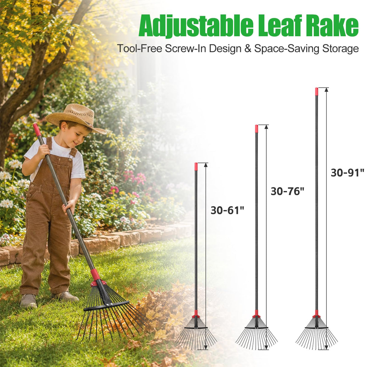 76Inch Adjustable Metal Leaf Rake, 18 Metal Tines Heavy Duty Leaves Rake for Lawns with 8-18" Expandable Head Long Handle Garden Rakes for Women Kids Leaves Yard Gardening Grass Outdoor Camping Debris