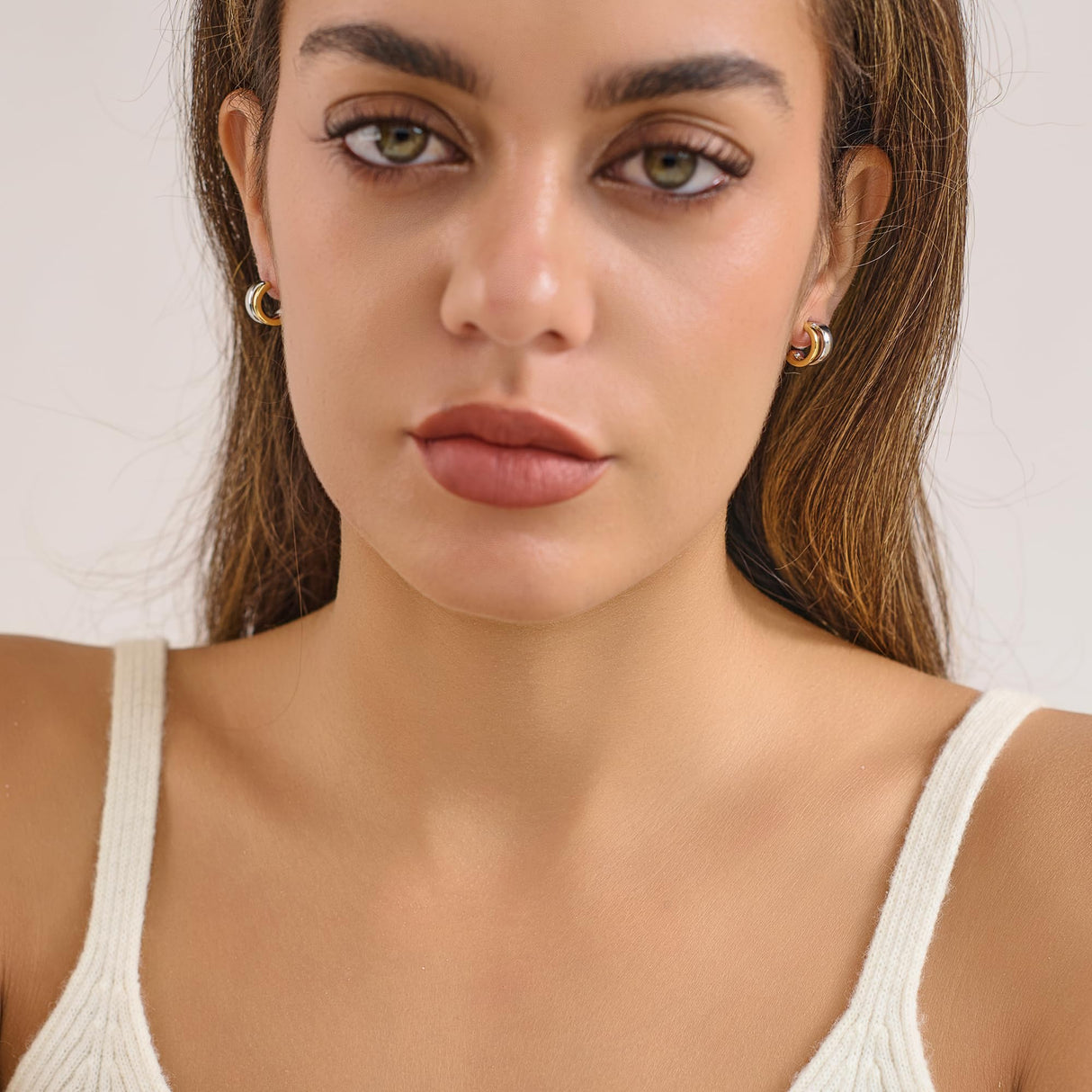 NOKMIT Two Tone Huggie Hoop Earrings for Women, Dainty 14K Gold and Silver Mixed Metal C Shaped Hoops, Small Multi Statement Geometric Earrings, Plain High Polish Non Tarnish Jewelry Gifts