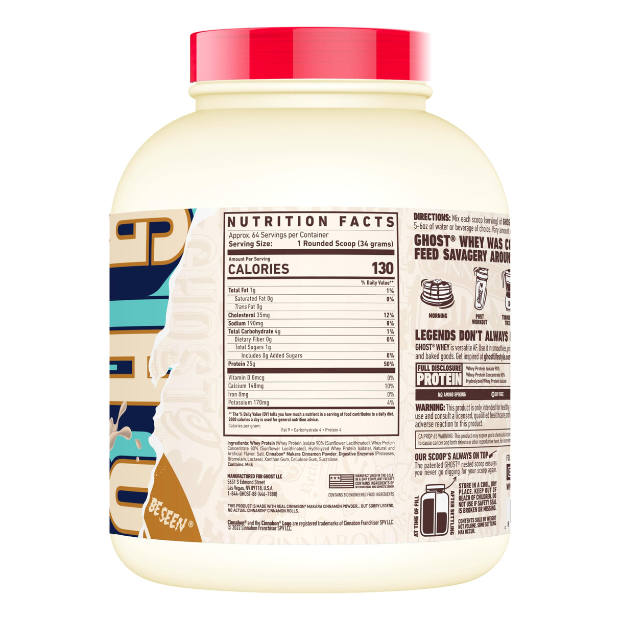 GHOST Whey Protein Powder, Cinnabon - 5LB Tub, 25G of Protein - Cinnamon Roll Flavored Isolate, Concentrate & Hydrolyzed Whey Protein Blend - Post Workout Shakes - Soy & Gluten Free