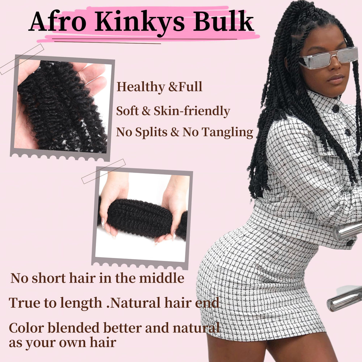HLSK Afro Kinkys Bulk Human Hair 20Inch 45g±5g/Pack for Dreadlock Extensions,Repair Locs, Twists and Braids Afro Kinky Curly bulk 100% Human Hair Natural Black Color