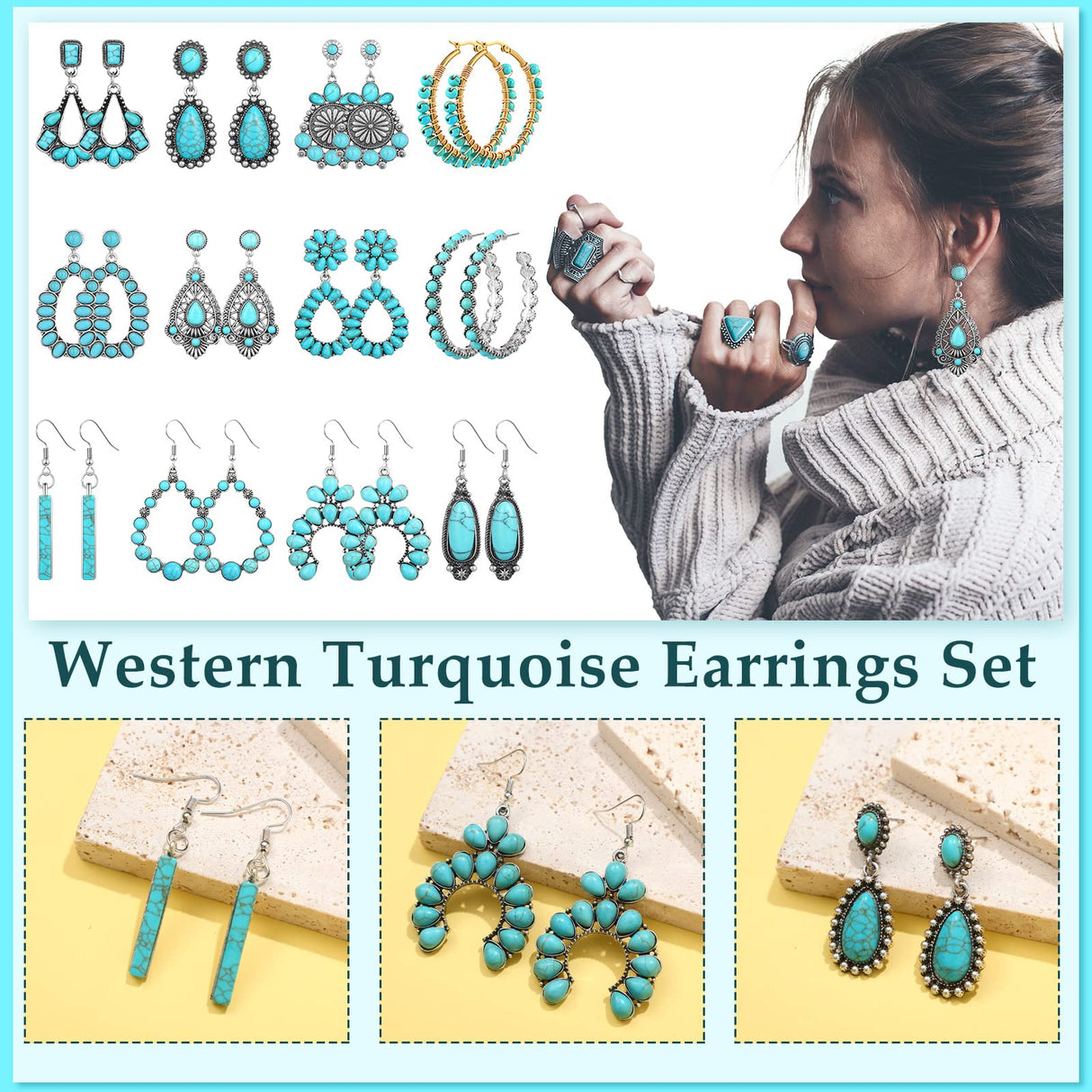 Trnayi 12 Pairs Turquoise Earring Set for Women Turquoise Bohemian Dangle Stud Earrings Round Metal Earrings Boho Vintage Oval Earring Metal for Jewelry(Fresh Style,Green)