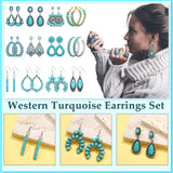 Trnayi 12 Pairs Turquoise Earring Set for Women Turquoise Bohemian Dangle Stud Earrings Round Metal Earrings Boho Vintage Oval Earring Metal for Jewelry(Fresh Style,Green)