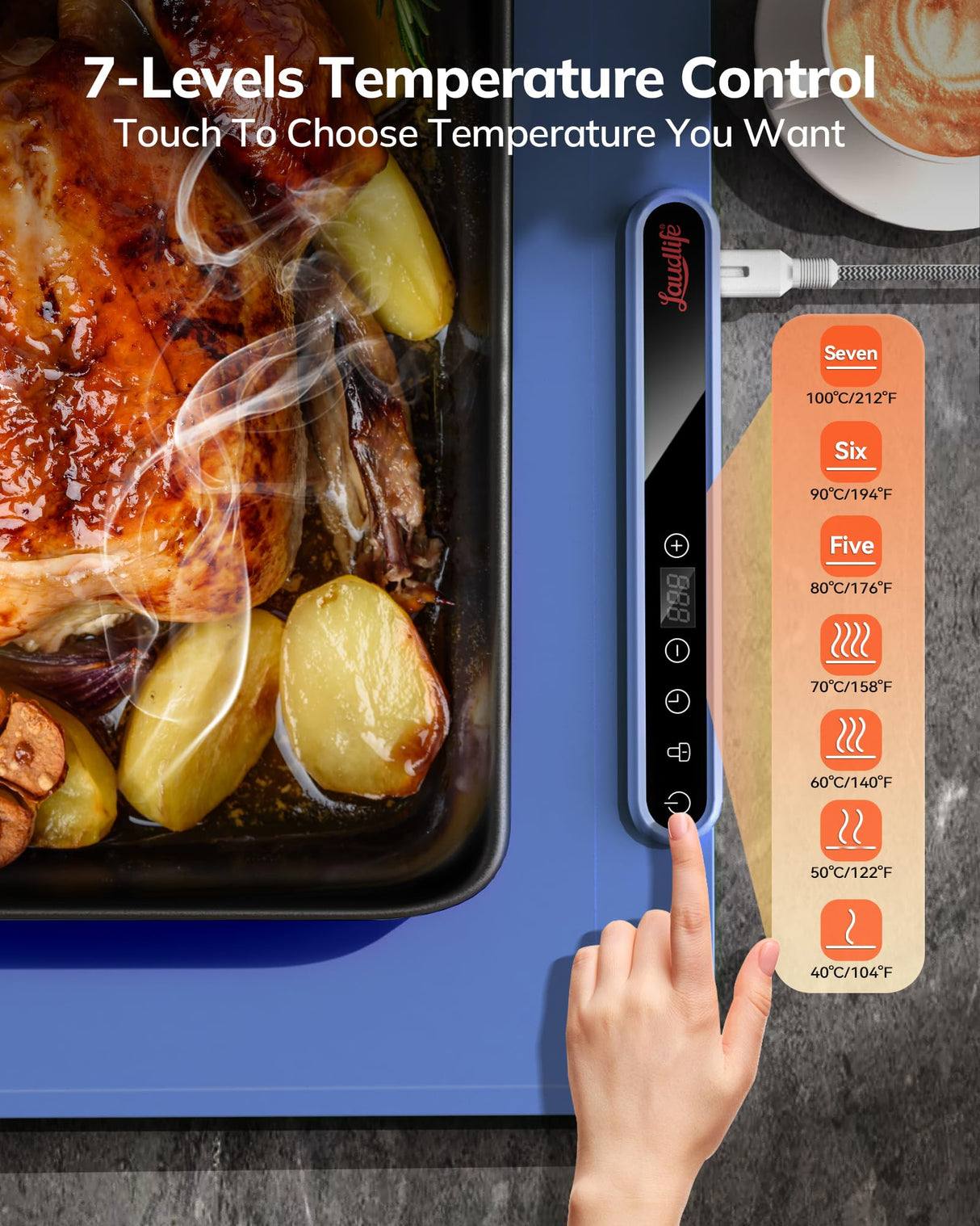 Laudlife Electric Warming Mat for Food, Roll-Up Silicone Heating Pad with 7 Adjustable Tempmaster Levels, Foldable Warming Tray for Countertop,Buffet Party, Kitchen & Home, Child Lock, Dark Bule