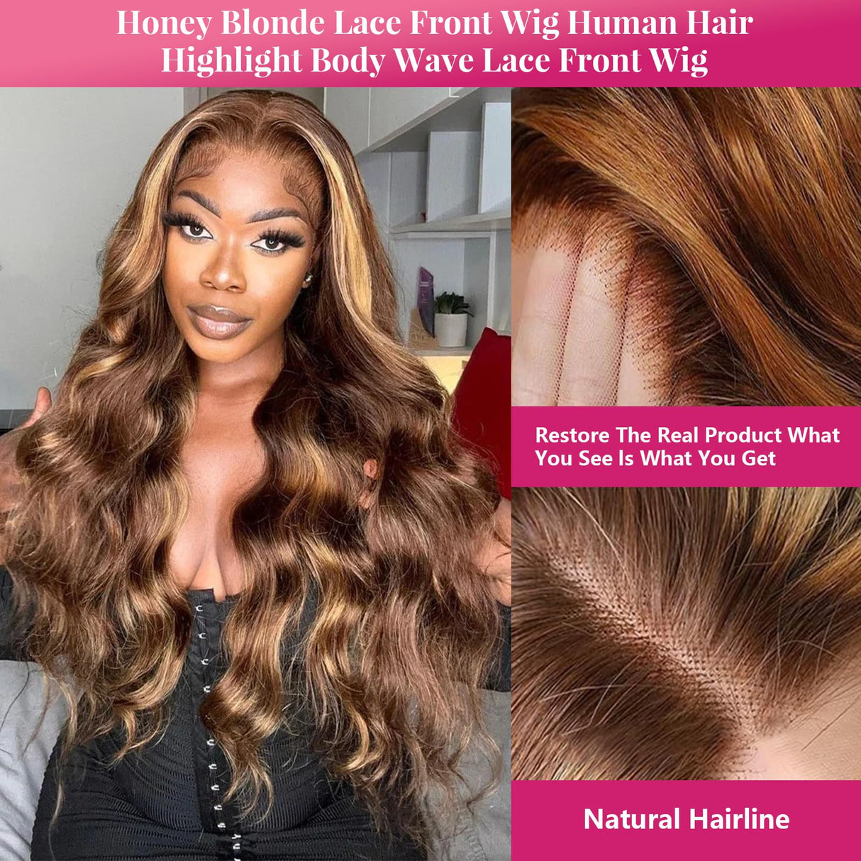 30 Inch Honey Blonde Ombre 13x6 Lace Front Wigs Human Hair 200% Density Highlight Body Wave HD Lace Front Wigs Human Hair Pre Plucked Glueless P4/27 Colored Honey Blonde Wig for Women