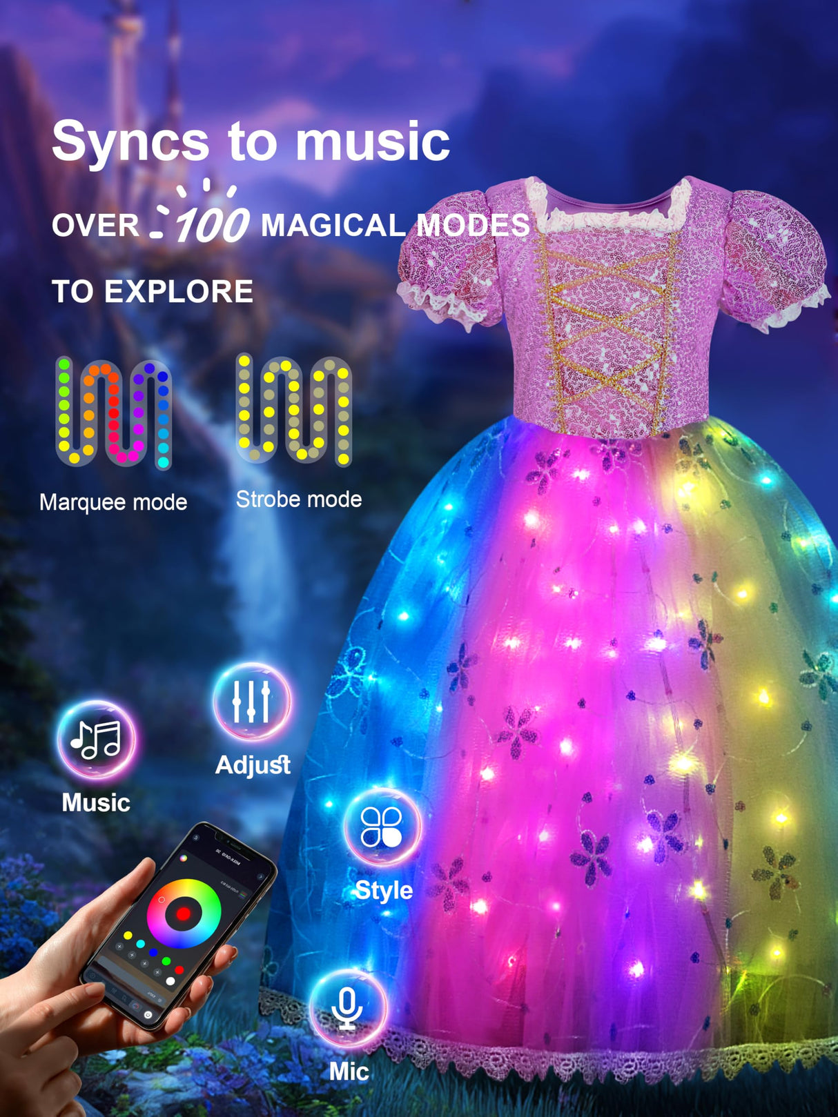 Princess Costume for Girls 3-9, RGB Lights Music Sync Princess Dress Up Clothes Girls Halloween Costumes with Accessories, Toddler Princess Dress App Remote Control for Birthday, Party, Christmas