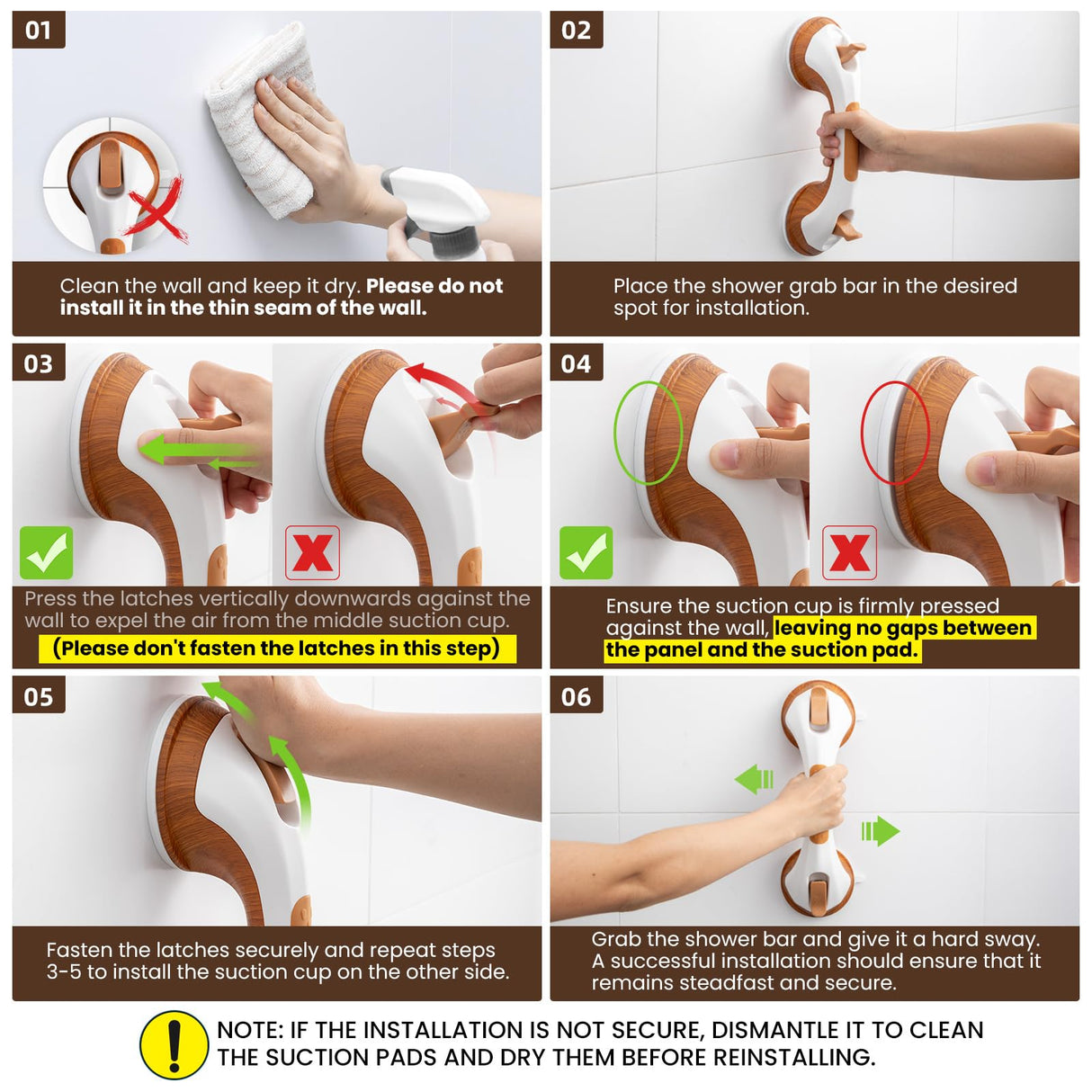 TAILI Shower Grab Bar, 2 Pack 12 Inch Suction Grab Bars for Bathtubs and Elderly, Shower Handle for Seniors Bathroom Safety Grip, No Drilling Removable,Wood Grain