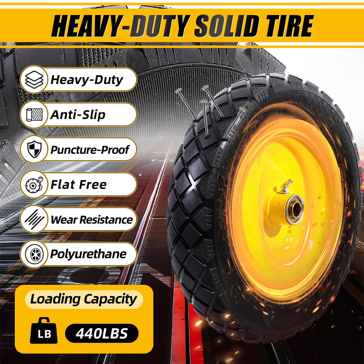 MZREXN 4.80/4.00-8" Wheelbarrow Tires, 15" Flat Free Tire and Wheel