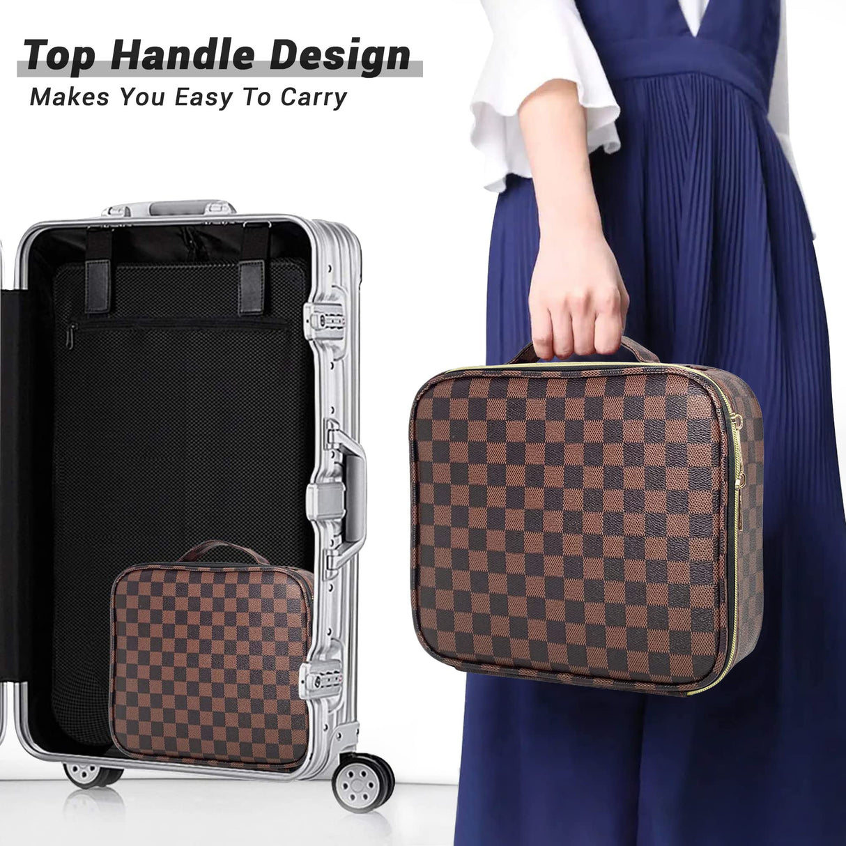 WIRIBEY Checkered Makeup Bag, Portable Makeup Bag with Adjustable Partition, Cosmetic Bags for Women Toiletry Travel Organizer Portable Make Up Bags for Christmas Birthday Gifts