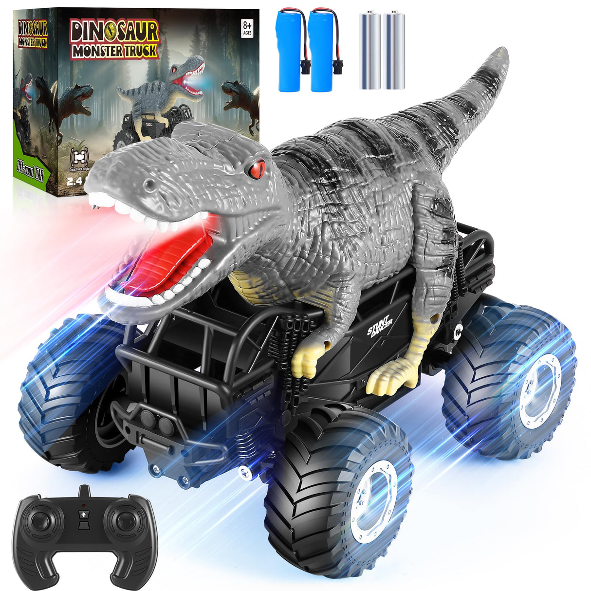 Manercey Remote Control Car, 2.4GHz 1:18 RC Cars With Light, 98FT 8KM/H 2-Rechargeable Battery, All Terrain Monster Remote Control Truck Toy, Dinosaur Monster Trucks for Boy Age 4-7, Kid 6+, Christmas