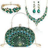 Quelay 4 Pcs Purse Rhinestone Jewelry Set Women,Classic,Peacock Green