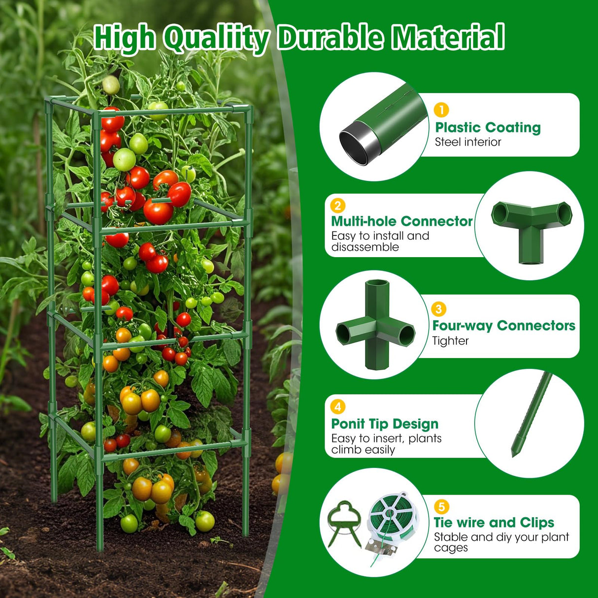 SHCCPPJ 3 Pack Tomato Cages, 42 Inch Heavy Duty Metal Square Tomato Cage for Raised Garden Bed, Rust-Proof Sturdy Tall Tomato Trellis Supports for Climbing Plants Outdoor with Clips Wire