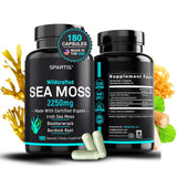 SPARTIS Certified Organic Sea Moss Capsules 2250mg Wildcrafted Irish Sea Moss Burdock Root Bladderwrack Supplement Raw Seamoss Pills & Powder (Pack of 1 at 180-Caps)