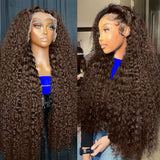 Aonou 200% Density Chocolate Brown Deep Wave Lace Front Wigs Human Hair 13x6 Deep Curly Human Hair Wigs for Women HD Transparent Lace Frontal Wet and Wavy Wigs Pre Plucked 100% Virgin Hair 28inch