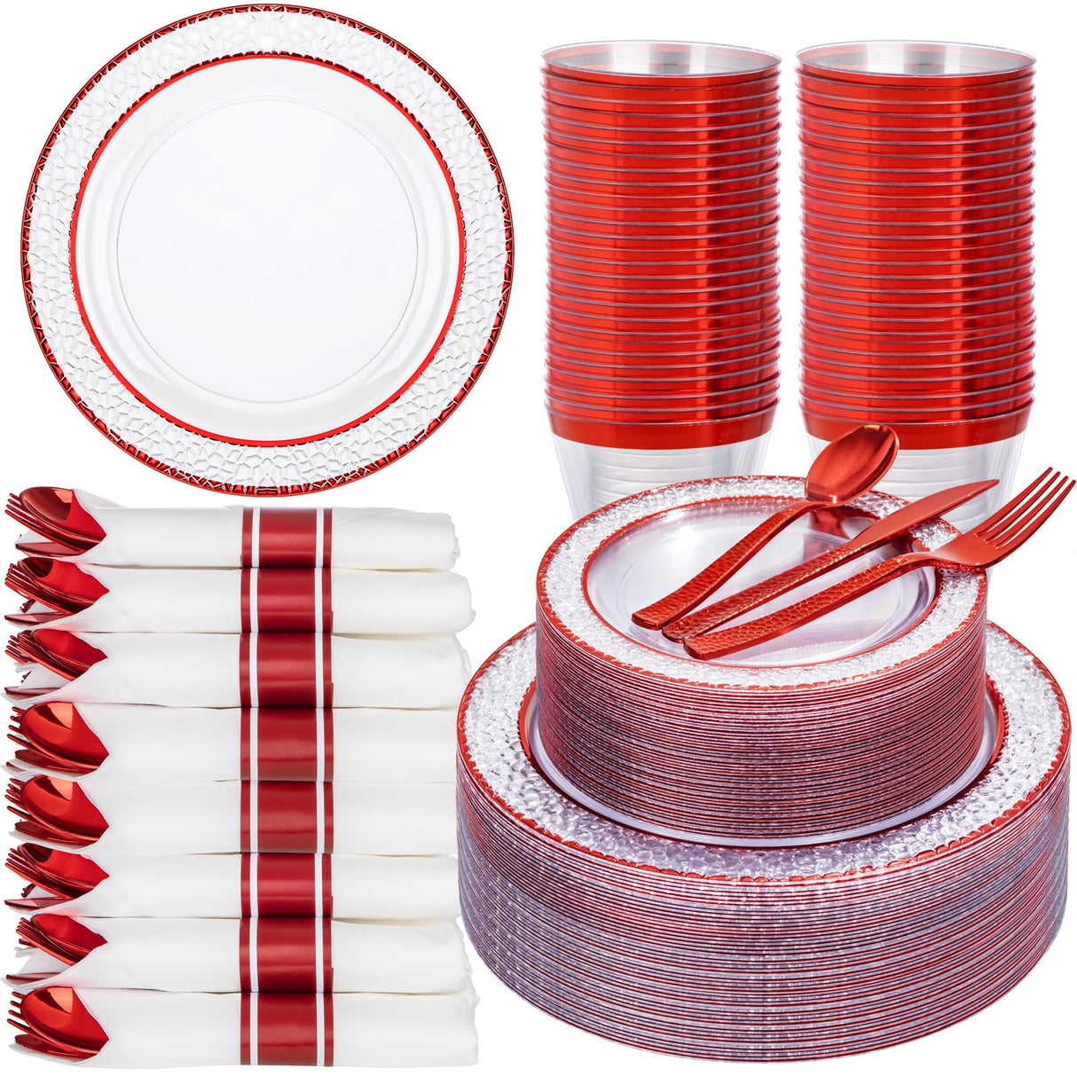 Ciaell 350 PCS Clear and Red Plastic Plates – Red Dinnerware Set for 50 Guests Include 100 Plastic Plates, 50 Pre Rolled Napkins with Cutlery Set, 50 Cups for Wedding & Party & Anniversary & Christmas