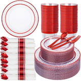 Ciaell 350 PCS Clear and Red Plastic Plates – Red Dinnerware Set for 50 Guests Include 100 Plastic Plates, 50 Pre Rolled Napkins with Cutlery Set, 50 Cups for Wedding & Party & Anniversary & Christmas
