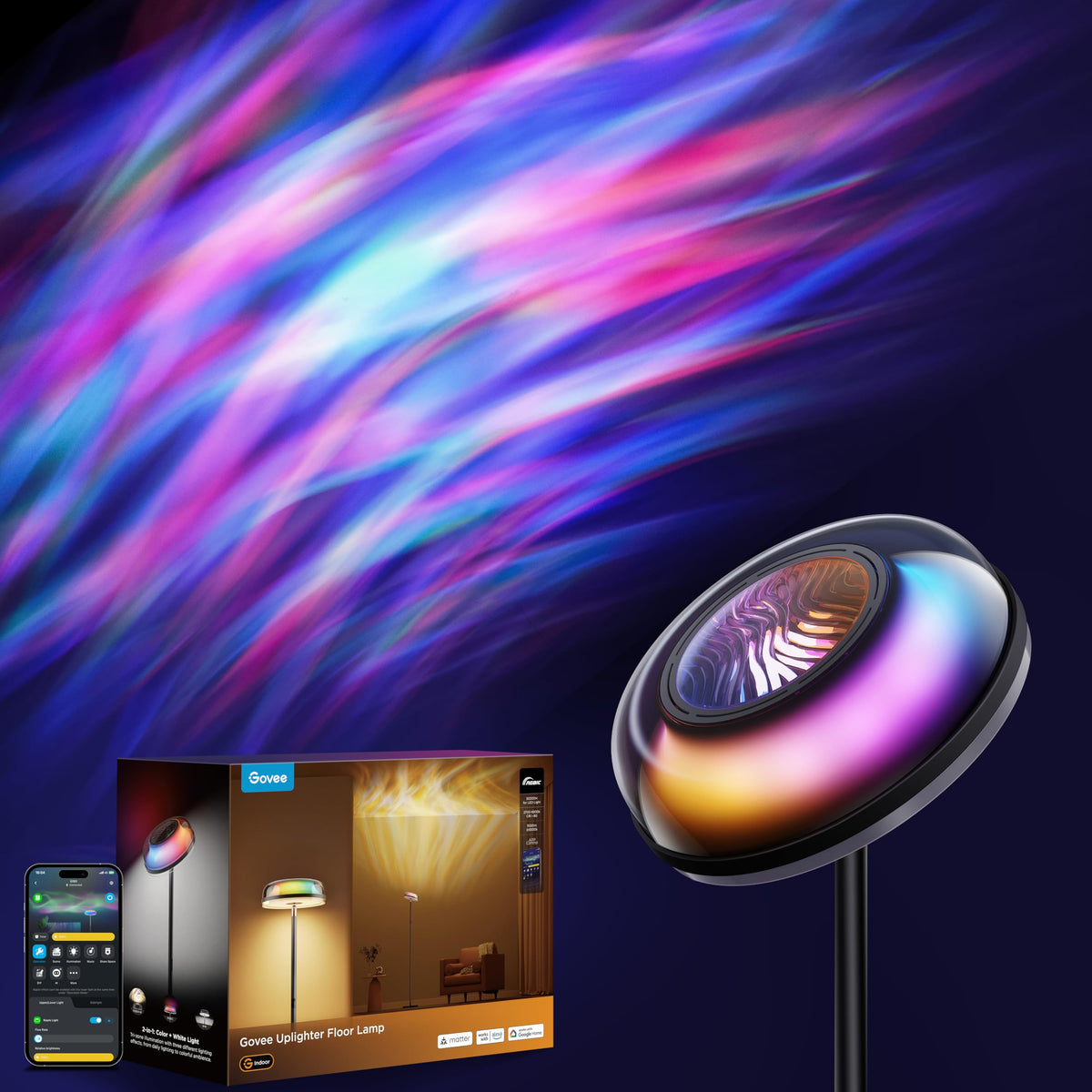 Govee Uplighter Floor Lamp for Living Room, RGBIC Ripple Projector, Fl ...