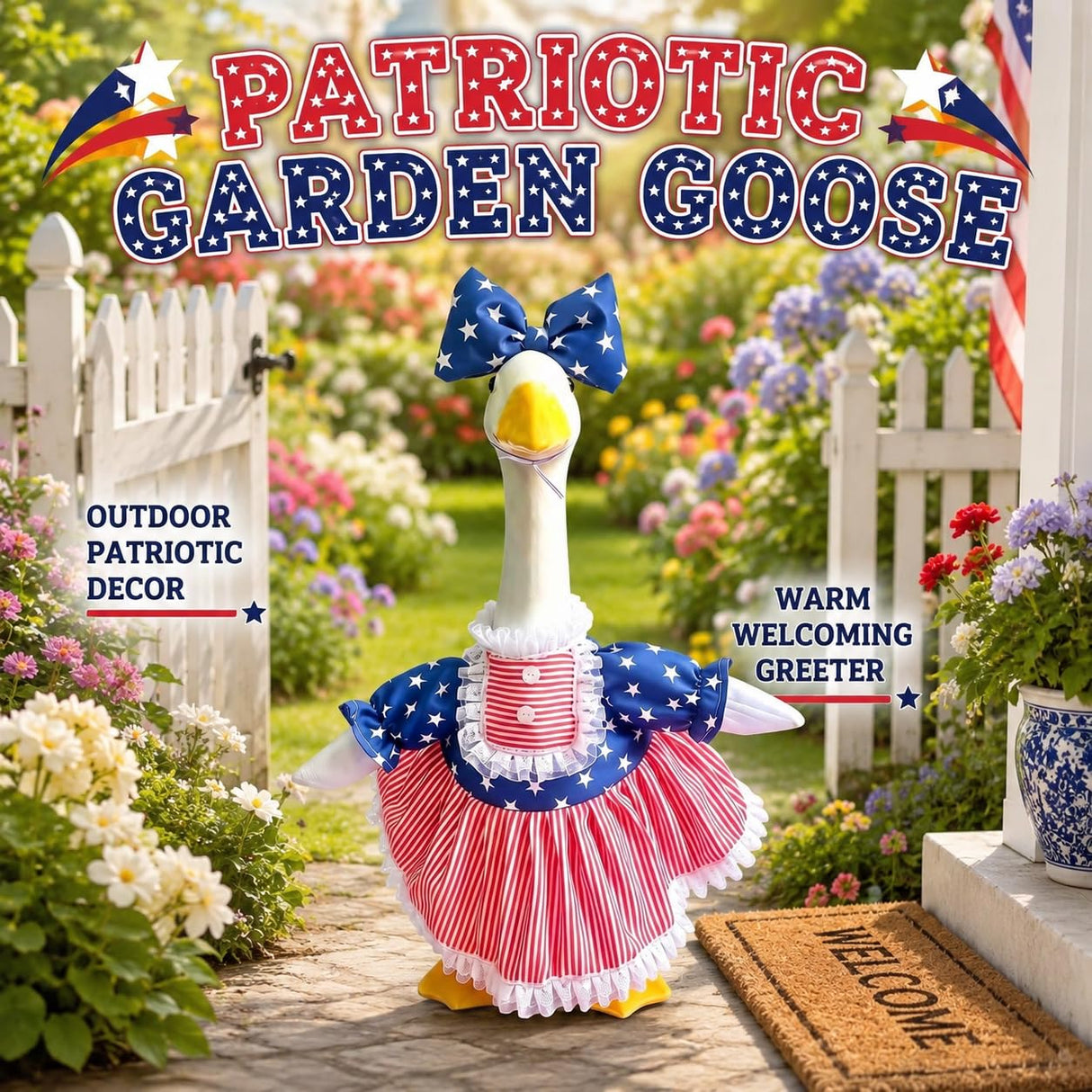 Mysense 4th of July Porch Goose Outfit for 23 Inch Goose Statue, Patriotic Red White Blue Goose Clothes with Bow for Outdoor Garden Patio Decor, USA 250th Anniversary Merchandise