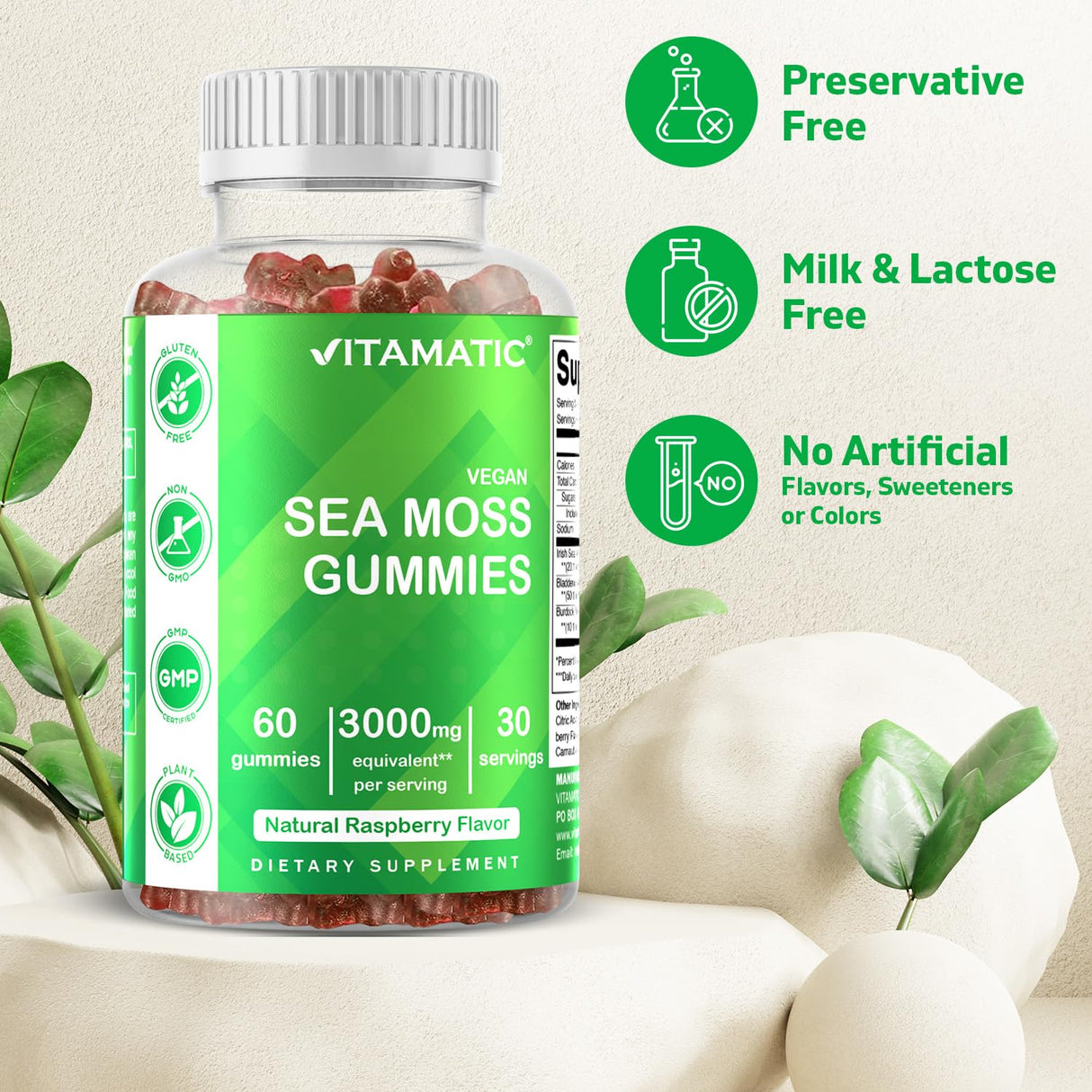 Vitamatic 3 Pack Irish Sea Moss Gummies- 3000mg Equivalent Per Serving (from Extract 132.5 mg) - 60 Ct - Made with Bladderwrack & Burdock Root - Seamoss Supplement for Thyroid, Energy, Immune Support