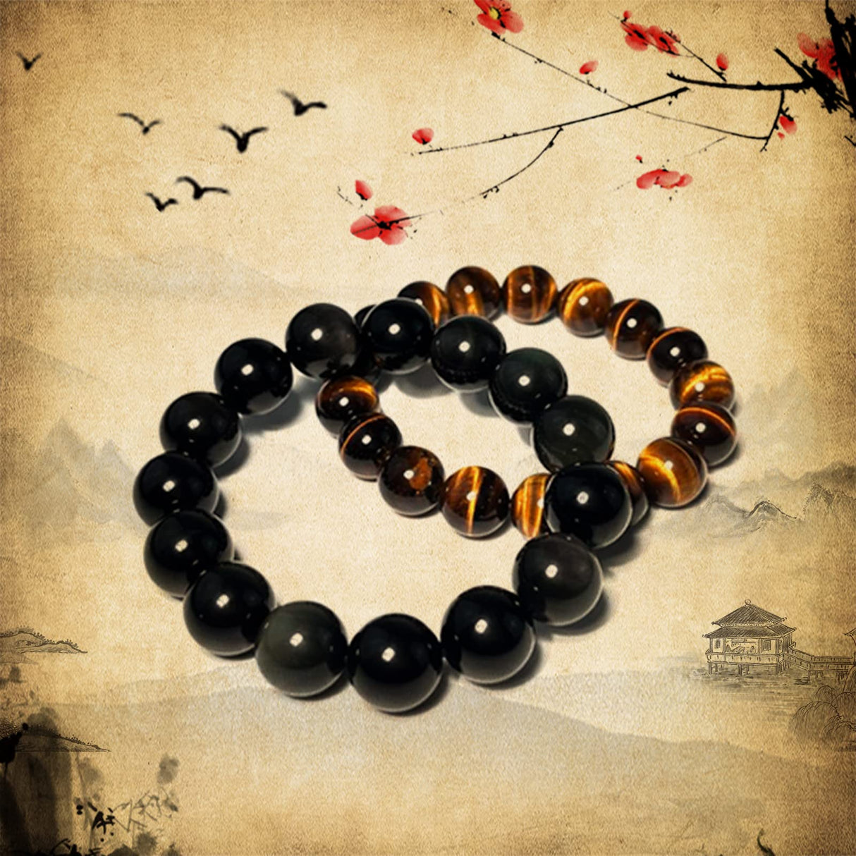 Ruishupin Natural obsidian bracelet,Tigers eye black obsidian 8/10/12/13mm
