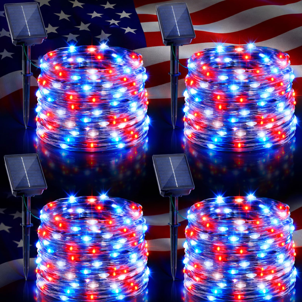 Danhh 4 Pack Red White and Blue Solar Fairy Lights, 131ft 400LED 4th of July Solar String Lights Waterproof with 8 Modes, Green Wire Outdoor Patriotic Lights for Memorial Day Independence Day Decor
