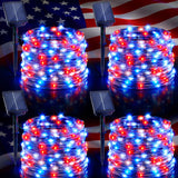 Danhh 4 Pack Red White and Blue Solar Fairy Lights, 131ft 400LED 4th of July Solar String Lights Waterproof with 8 Modes, Green Wire Outdoor Patriotic Lights for Memorial Day Independence Day Decor