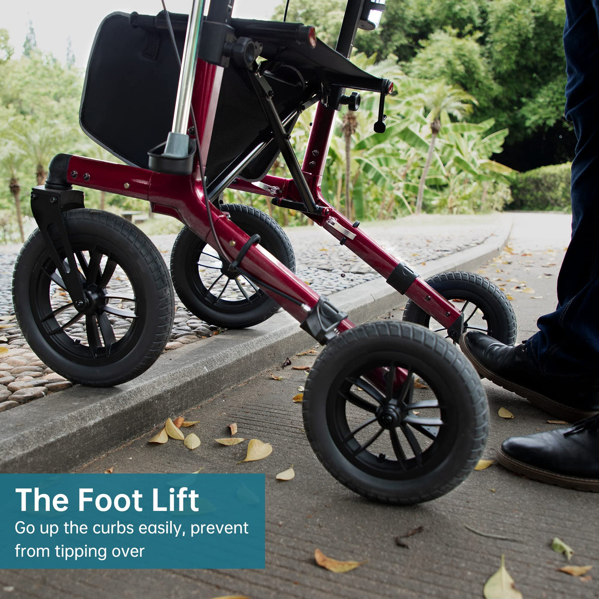 ELENKER All-Terrain Rollator Walker with Non-Pneumatic Tire 12” Front Rubber Wheels, Compact Folding Design for Seniors, Red