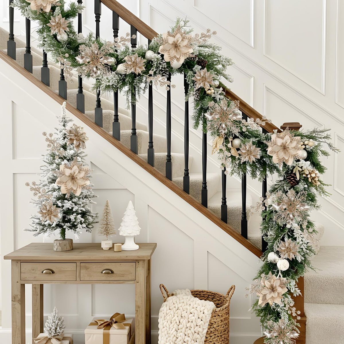 N&T NIETING 24 Pcs Christmas Poinsettia Artificial Flowers & Glitter Berries Stems Kit Christmas Floral Picks Christmas Tree Garland Wreath Filler Ornaments for Home Party Xmas Decor, Champagne Gold