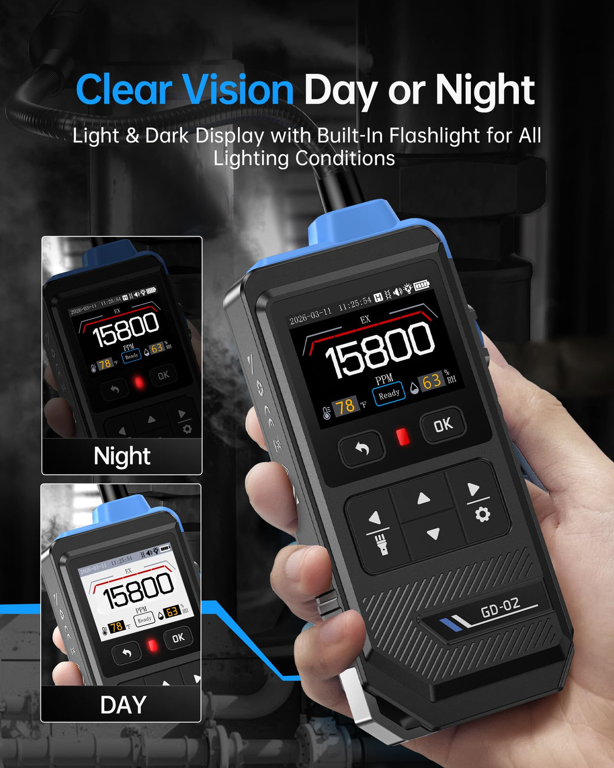 FNIRSI GD-02 Natural Gas Detector, Methane, Propane & Isobutane with 14-Inch Flexible Gooseneck, Combustible Gas Detector for Audible, Visual & Tactile Triple Alarm, Rechargeable Battery