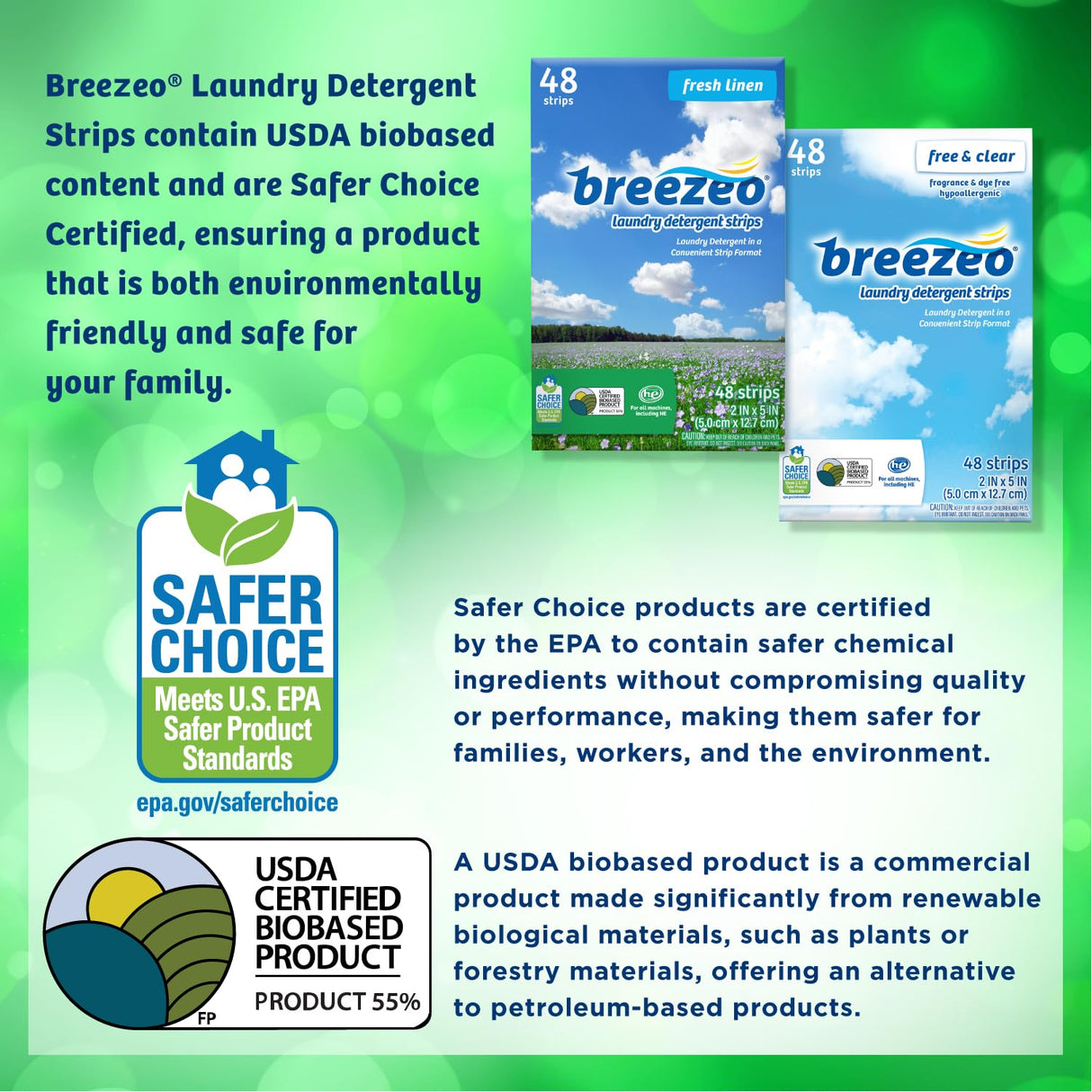 Breezeo Laundry Detergent Strips (48 strips) - Fresh Linen Scent - More Convenient than Pods, Pacs, Liquids or Powders – Great for Home, Dorm, Travel, Camping & Hand-Washing