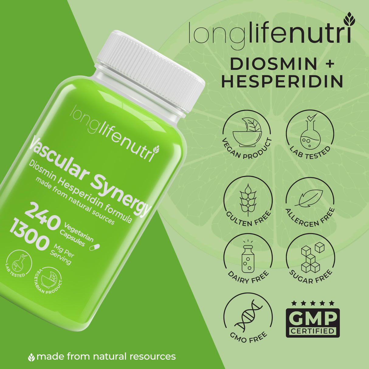 LongLifeNutri Diosmin Hesperidin Complex, Vascular Synergy 1000mg/300mg for Optimal Circulation & Vein Support: 240 Capsules, 120 Servings, 4-Month Supply, Made in USA