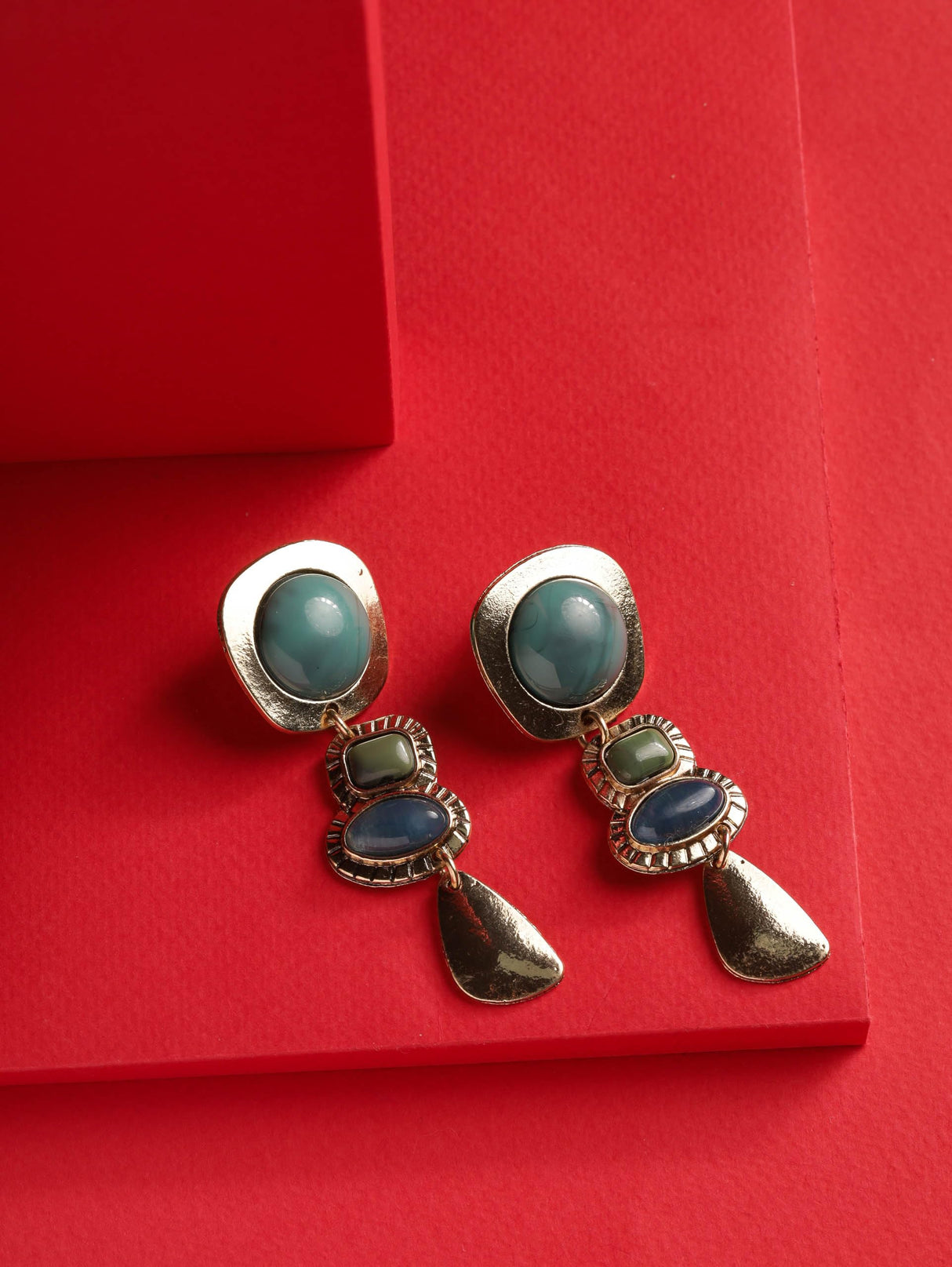 MINACHI Boho Teal Blue Color Block Gold-Tone Drop Earrings