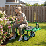 VEVOR 500 LBS Steel Garden Cart with Work Seat, Heavy Duty Garden Wagon Cart on Wheels, Outdoor Metal Utility Yard Wagon Gardening Stool with 10inch Flat Free Tires & Adjustable Handle, Green