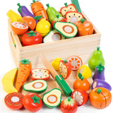 Wooden Play Food for Toddlers, Fruit & Veggies Cutting Set for Play Kitchen