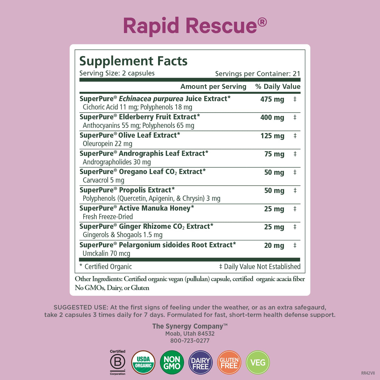PURE SYNERGY Rapid Rescue | Organic Immune Support Capsules | Herbal Supplement with Echinacea, Elderberry, and Olive Leaf Extracts | for Immediate Immune Support (42 Capsules)