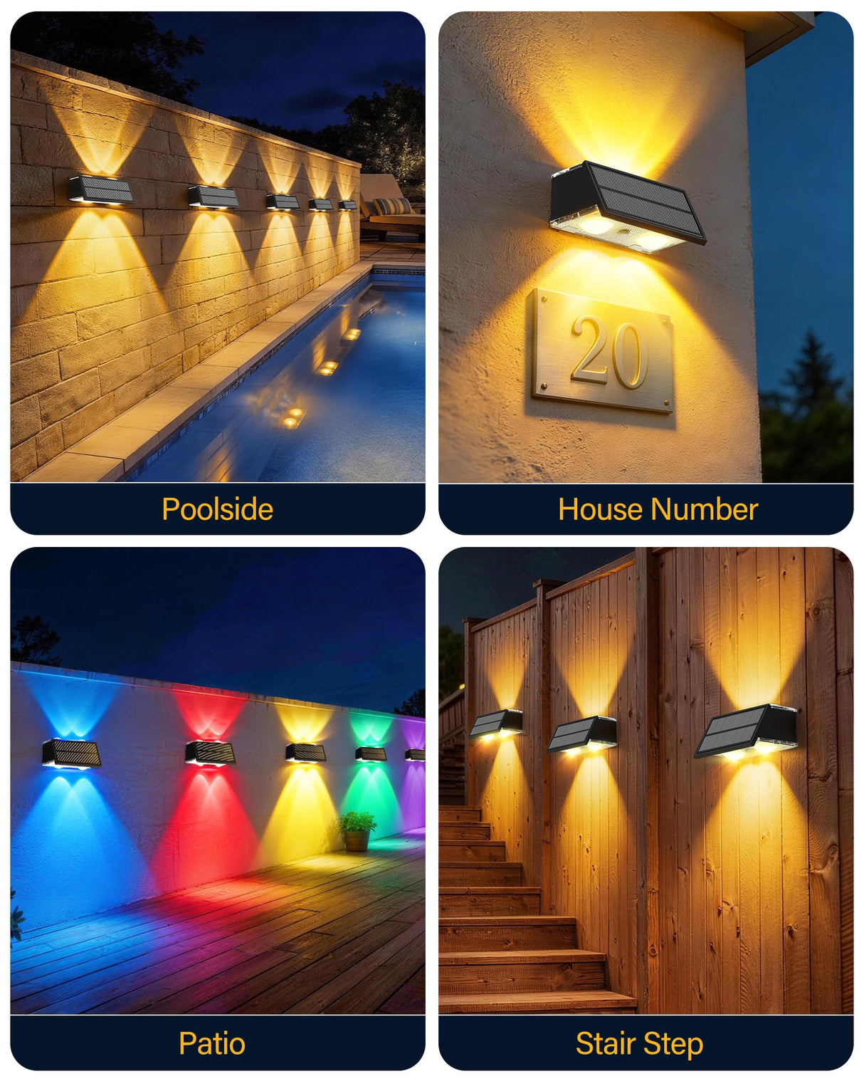 Toeuie Solar Fence Lights Outdoor, 10 Pack 100LM Fence Lights Solar Powered Waterproof, 9 Color Modes, Up & Down LED Focused Beam, 12H Dusk to Dawn Glow for Pool/Patio/Wall/Backyard - Black
