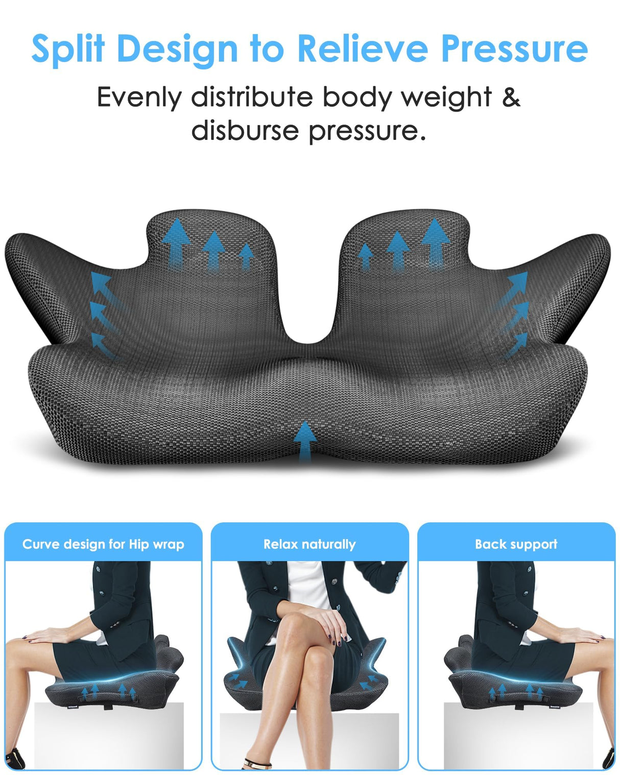 KFM 16" Large Memory Foam Seat Cushion Thick for Long Sitting Pressure Tailbone Pain Relief Height Adjustable with Retaining Strap for Office, Gaming Chair, Car, Wheelchair (Grey)